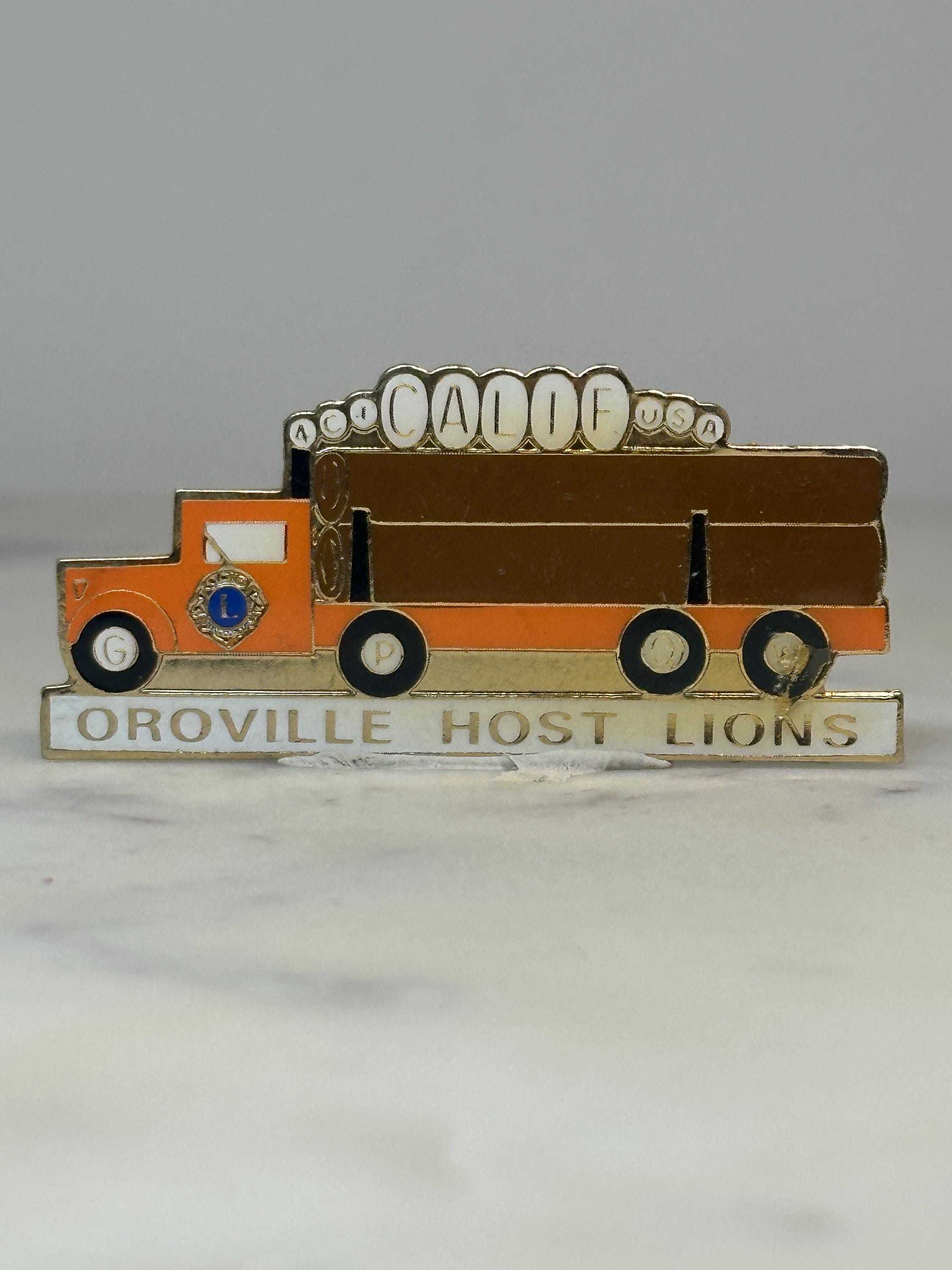 Oroville Host Lions Truck Pin: Orange Enamel Gold-Tone - California Club Accessory