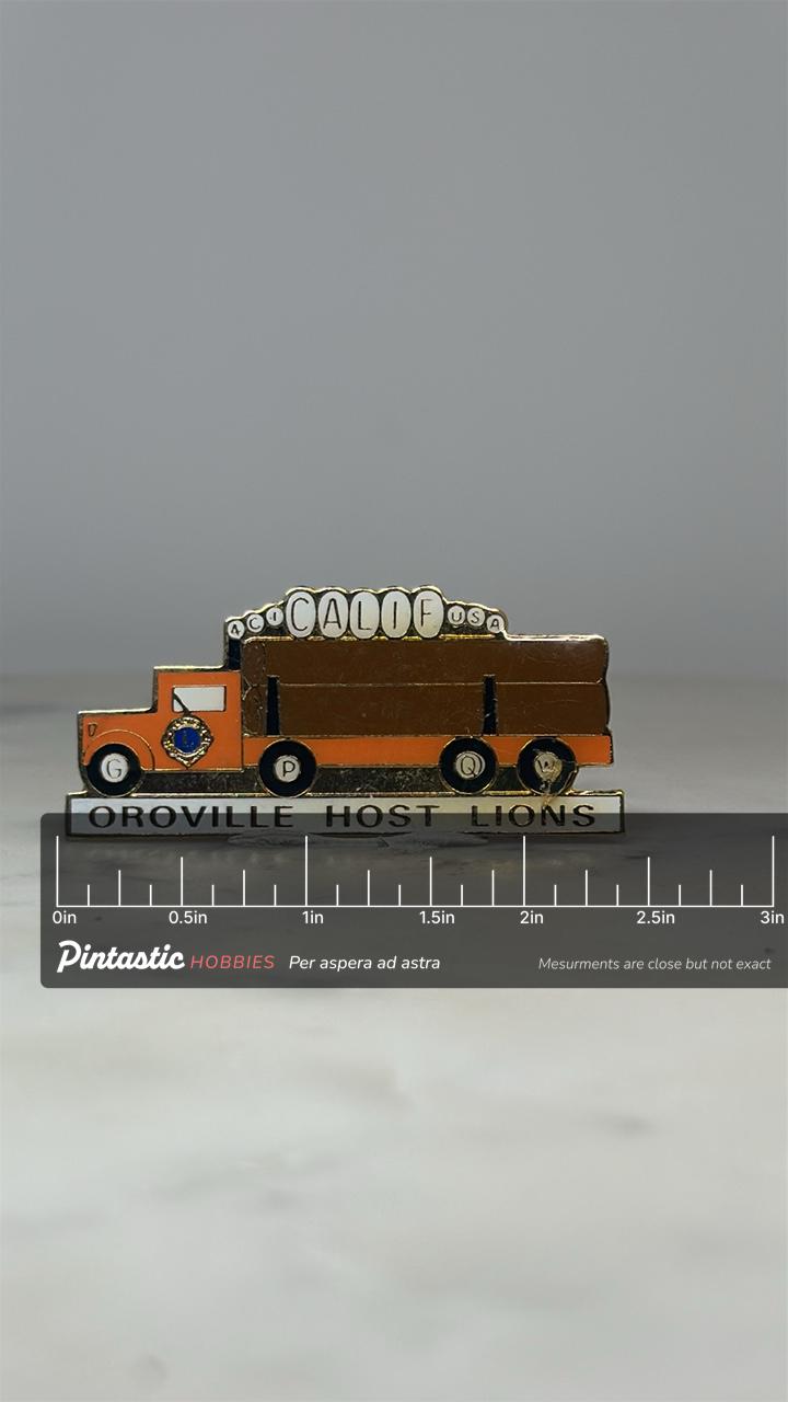 Oroville Host Lions Truck Pin: Orange Enamel Gold-Tone - California Club Accessory with ruler overlay for size reference