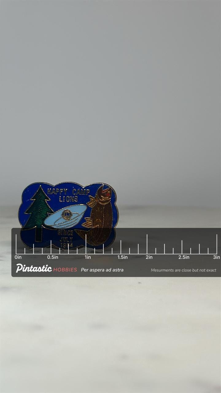 Happy Camp Lions Pin: Enamel Scenic Badge - 1954 Club Accessory with ruler overlay for size reference