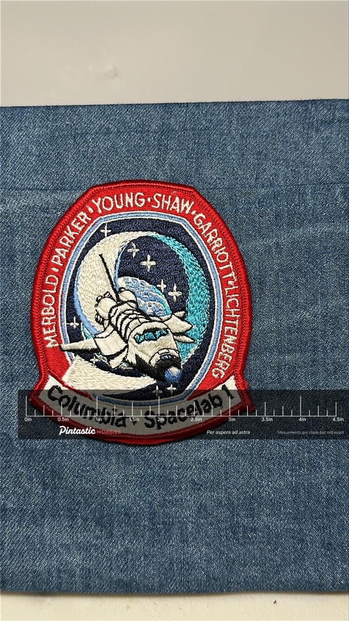 Columbia Spacelab I STS-9 Mission Patch: Iron-On Multicolor - NASA Era Accessory with ruler overlay for size reference