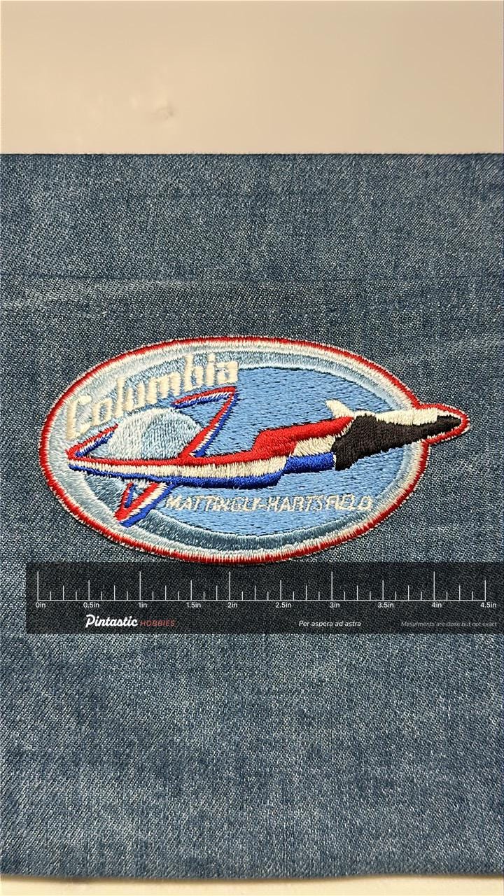 Columbia Shuttle STS-4 Mission Patch: Sew-On Oval Red/Blue - NASA Era Accessory with ruler overlay for size reference