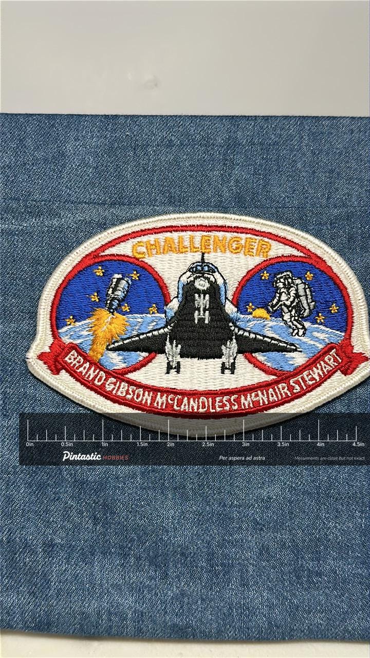 Challenger STS-41B Mission Patch: Iron-On Multicolor Space Shuttle - NASA Era Accessory with ruler overlay for size reference