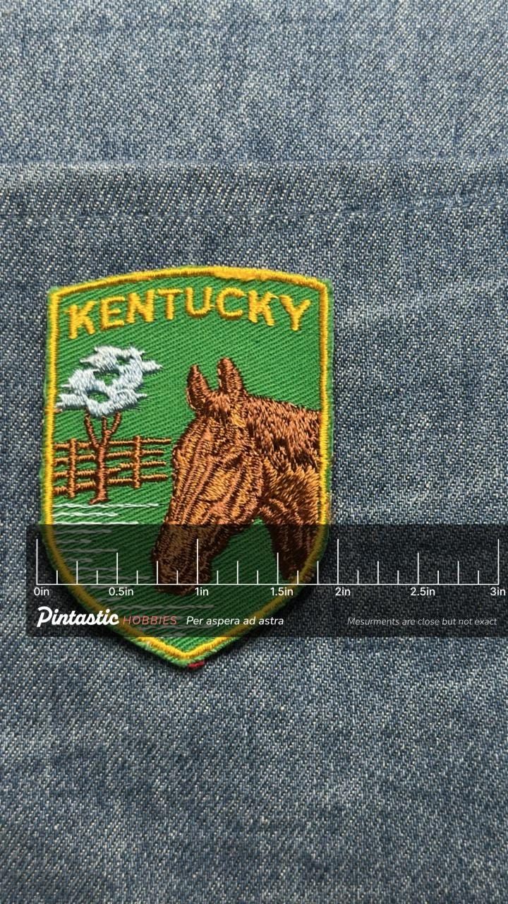 Kentucky Collectable Patch: Sew-On Glossy Finish - Vintage Travel Accessory with ruler overlay for size reference