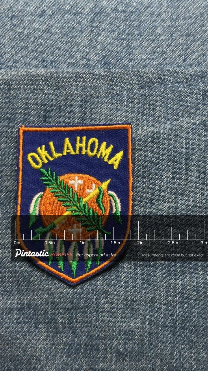 Oklahoma Collectable Patch: Sew-On Shield Shape Colorful - State Pride Accessory with ruler overlay for size reference