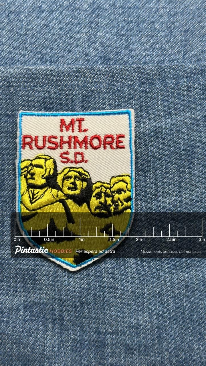 Mt. Rushmore SD Collectable Patch: Sew-On Yellow Shield - Souvenir Accessory with ruler overlay for size reference