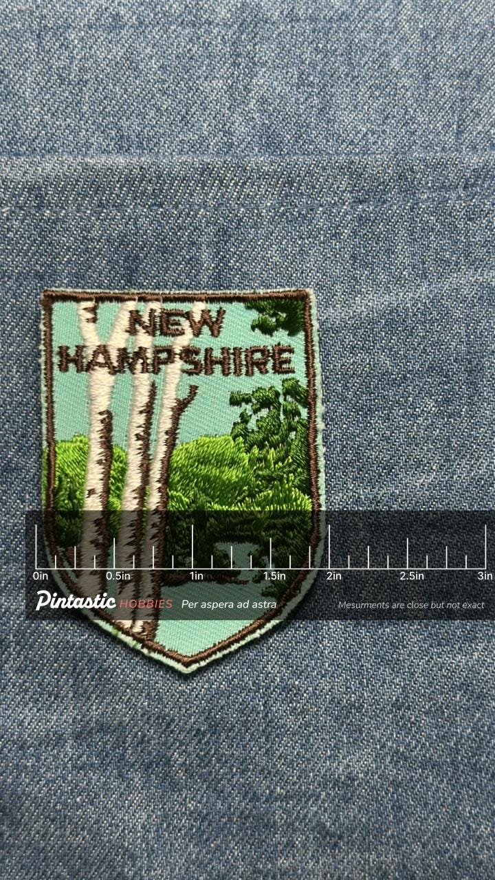New Hampshire Collectable Patch: Sew-On Green Shield - Nature Scene Accessory with ruler overlay for size reference