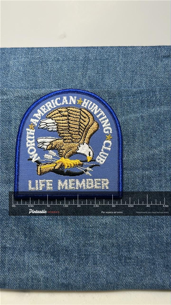 North American Hunting Club Patch: Sew-On Blue & Gold - Wildlife Accessory with ruler overlay for size reference