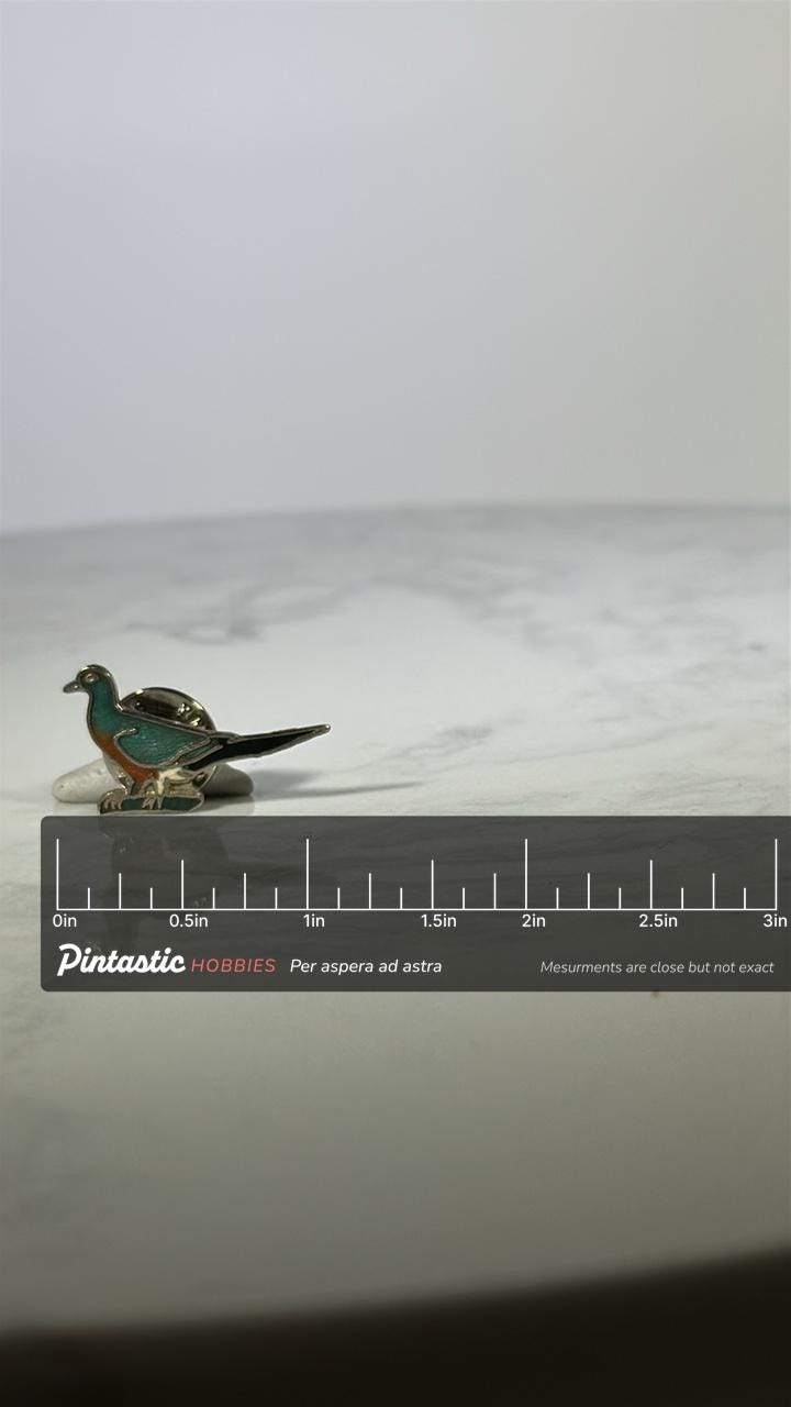 Pigeon Bird Lapel Pin: Enamel Silver-Tone - Vintage Nature Accessory with ruler overlay for size reference