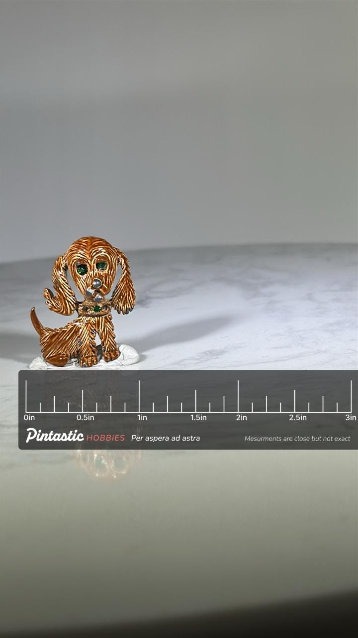 Cocker Spaniel Dog Pin: Brown Enamel & Rhinestone - Vintage Animal Accessory with ruler overlay for size reference