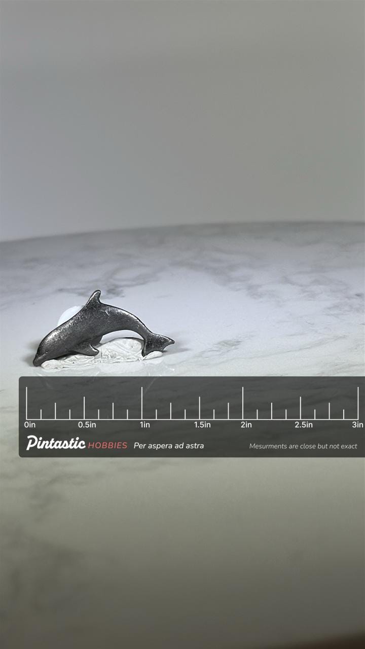 Dolphin Tie Tac: Pewter Finish - Marine Life Accessory with ruler overlay for size reference