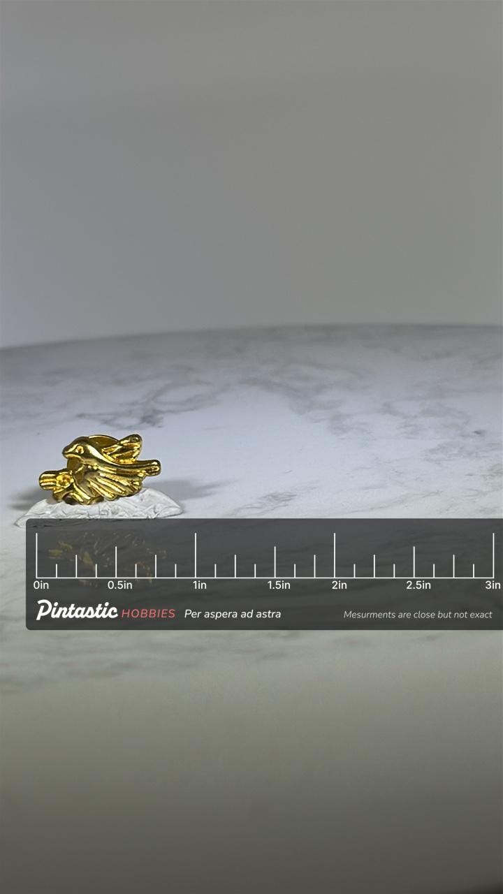 Peaceful Dove Pin: Gold Tone Finish - Vintage Aminal Accessory with ruler overlay for size reference