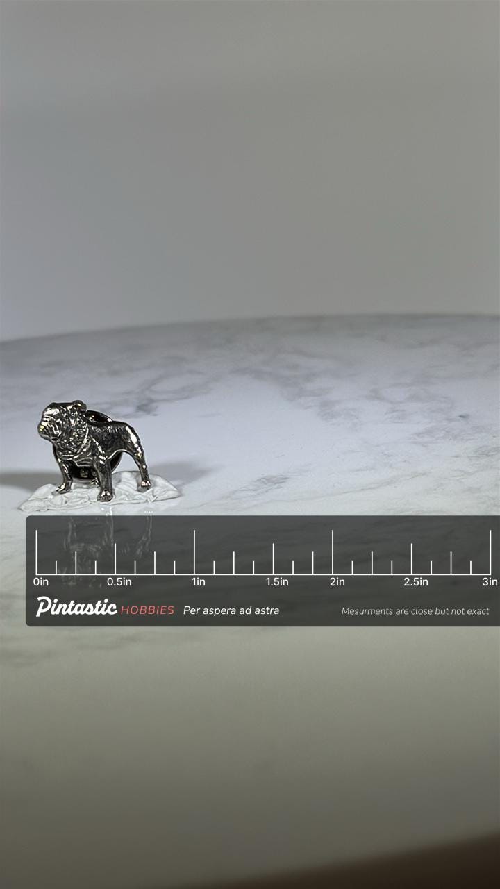 Bulldog Pin: Silver Tone Metal - Vintage Dog Lover Accessory with ruler overlay for size reference