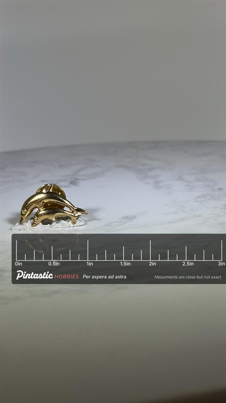 Dolphin Lapel Pin: Gold Tone Finish - Ocean Theme Accessory with ruler overlay for size reference