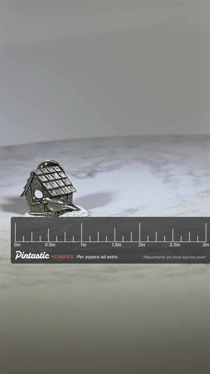 Birdhouse Pin: Pewter Finish - Nature Theme Accessory with ruler overlay for size reference