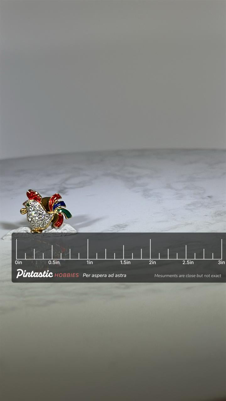 Rhinestone Rooster Pin: Gold Tone & Enamel - Whimsical Vintage Accessory with ruler overlay for size reference