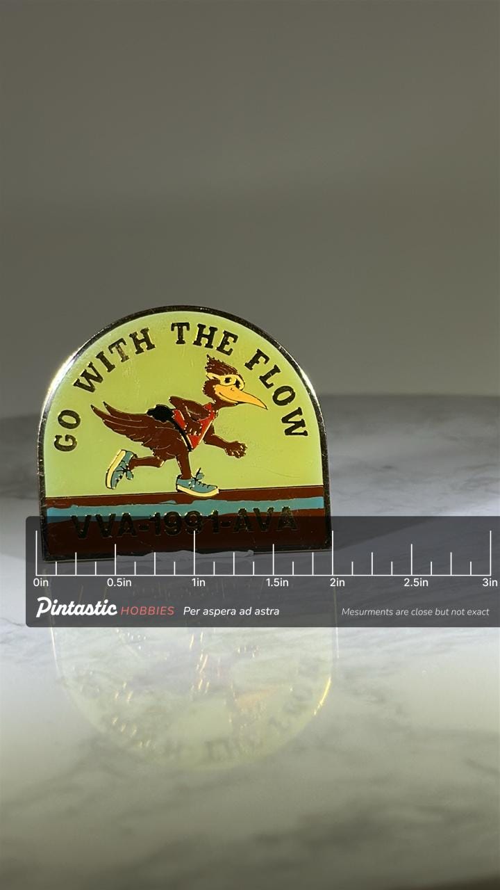 Volksfest Go With The Flow Pin: Enamel Roadrunner - 1991 AVA Vintage Accessory with ruler overlay for size reference