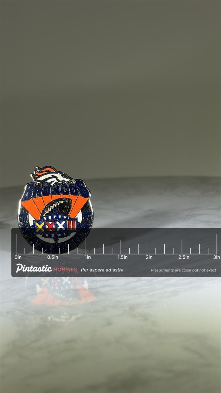 Denver Broncos Champions Pin: Silver Enamel - Super Bowl Collectible Accessory with ruler overlay for size reference