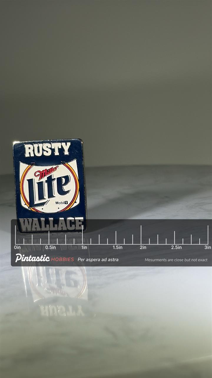 Rusty Wallace Racing Pin: Blue Enamel Finish - NASCAR Collectible Accessory with ruler overlay for size reference
