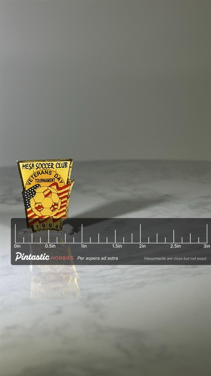 Mesa Soccer Club Pin: Yellow Enamel with Flag - 1994 Sports Accessory with ruler overlay for size reference
