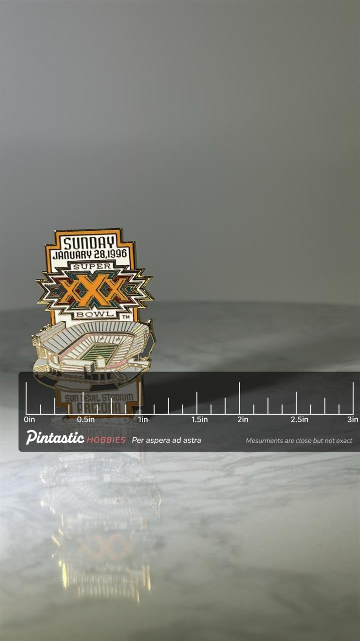 Super Bowl XXX Stadium Pin: Enamel Finish - 1996 Arizona Accessory with ruler overlay for size reference