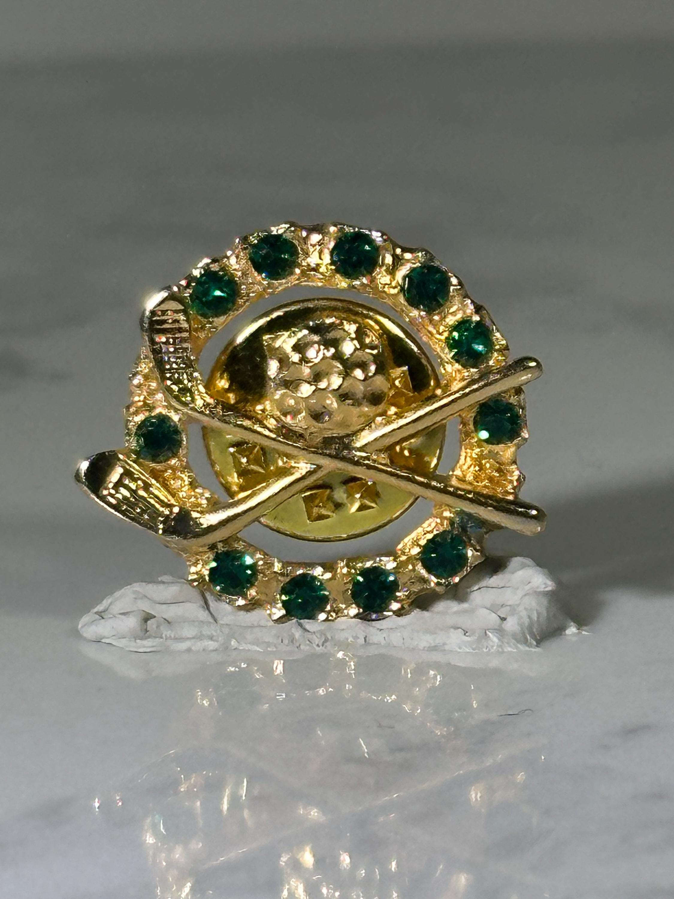 Golf Club Lapel Pin: Gold Tone with Green Gems - Vintage Sports Accessory