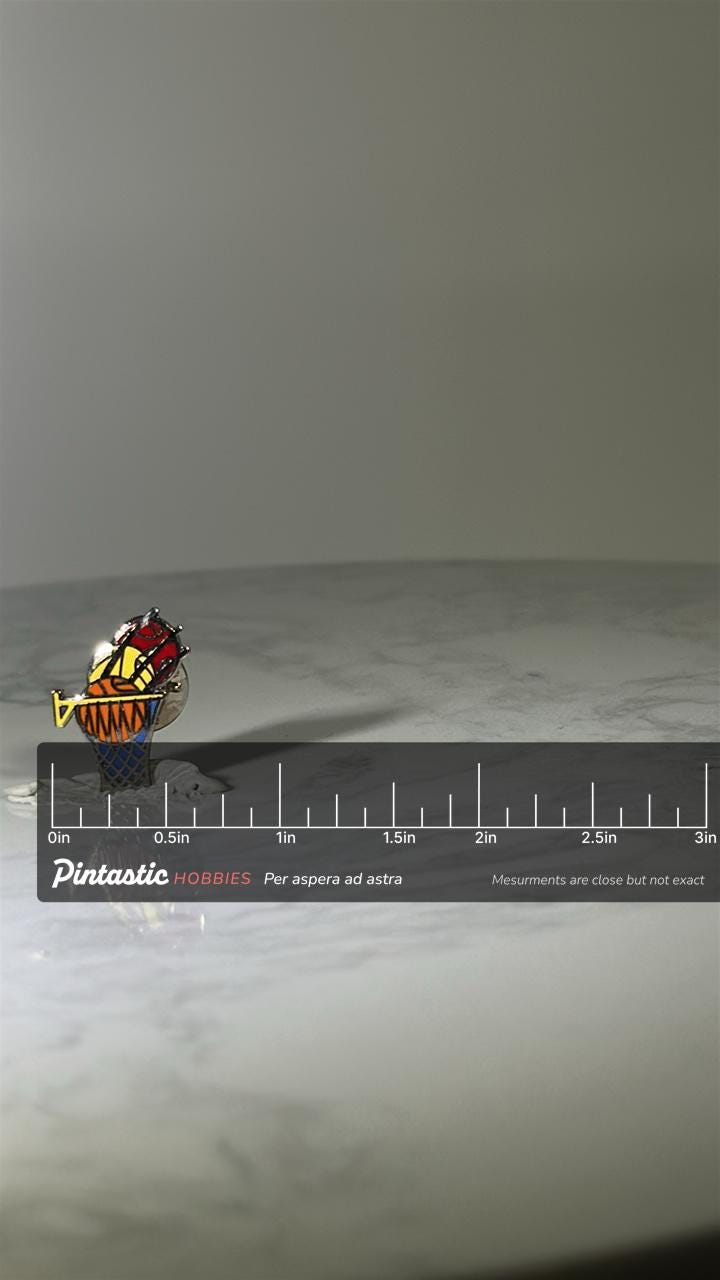 Basketball Hoop Pin: Colorful Style Enamel - Retro Sports Accessory with ruler overlay for size reference