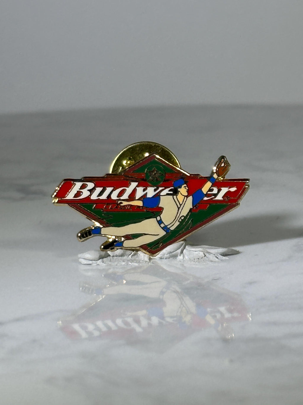 Budweiser Baseball Pin: Enamel Gold-Tone - Vintage Sports Accessory