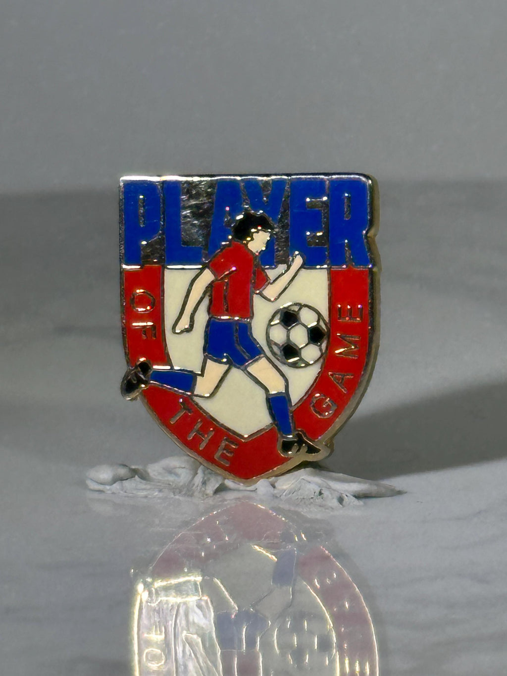 Soccer Player of the Game Pin: Red Blue Enamel - Vintage Sports Accessory