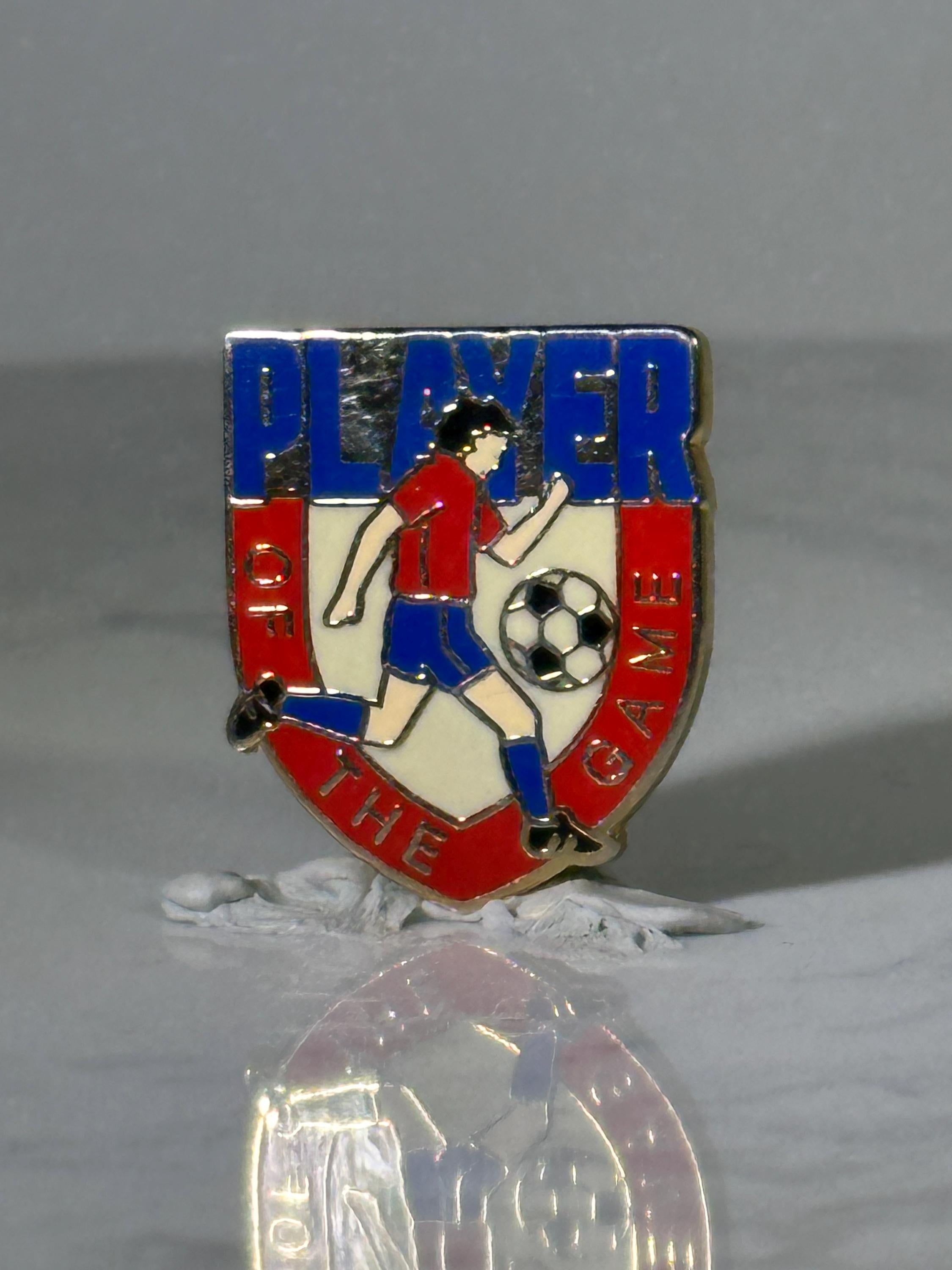 Soccer Player of the Game Pin: Red Blue Enamel - Vintage Sports Accessory