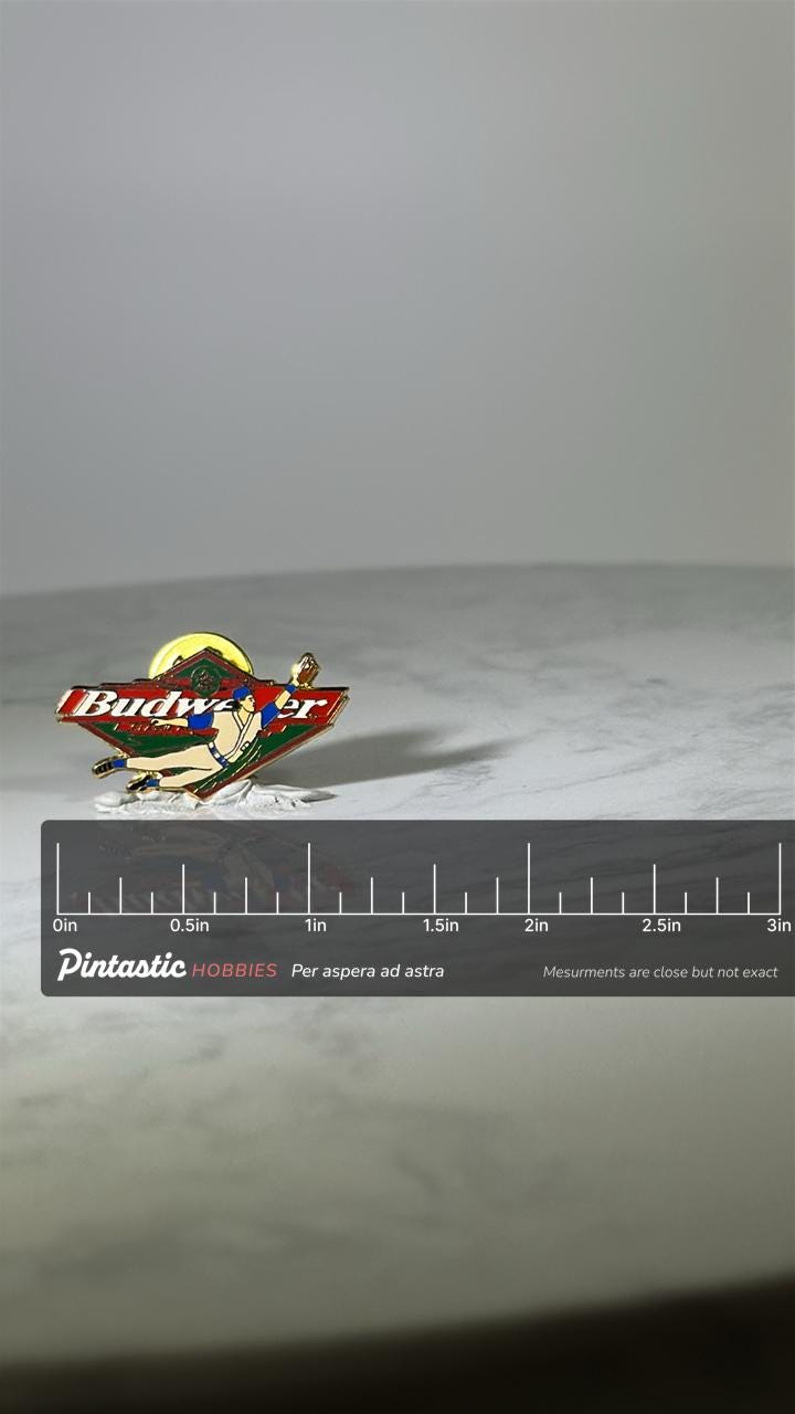 Budweiser Baseball Pin: Enamel Gold-Tone - Vintage Sports Accessory with ruler overlay for size reference