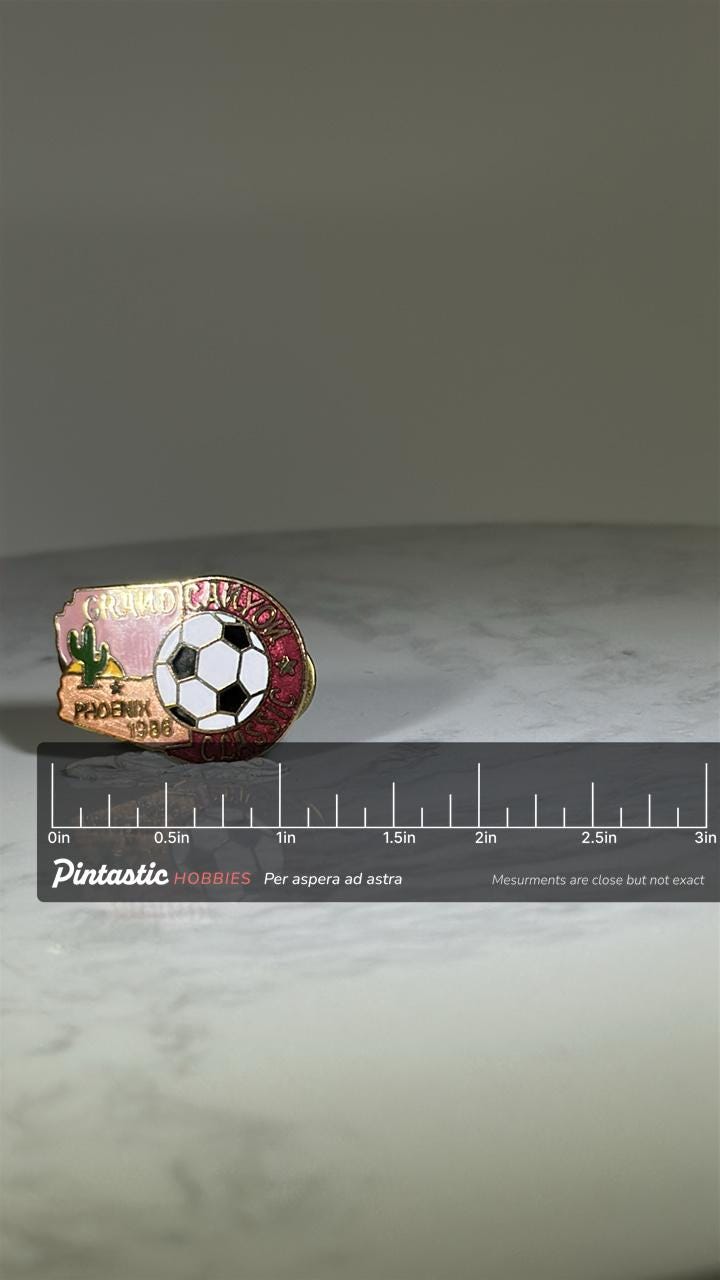 Grand Canyon Classic Soccer Pin: Enamel Finish - 1986 Sports Accessory with ruler overlay for size reference