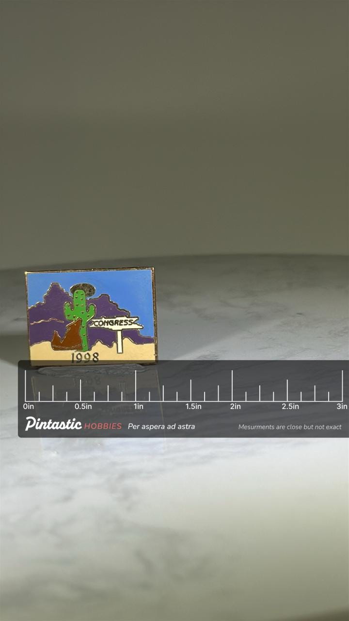 Congress Arizona Souvenir Pin: Enamel Landscape Design - 1998 Travel Accessory with ruler overlay for size reference