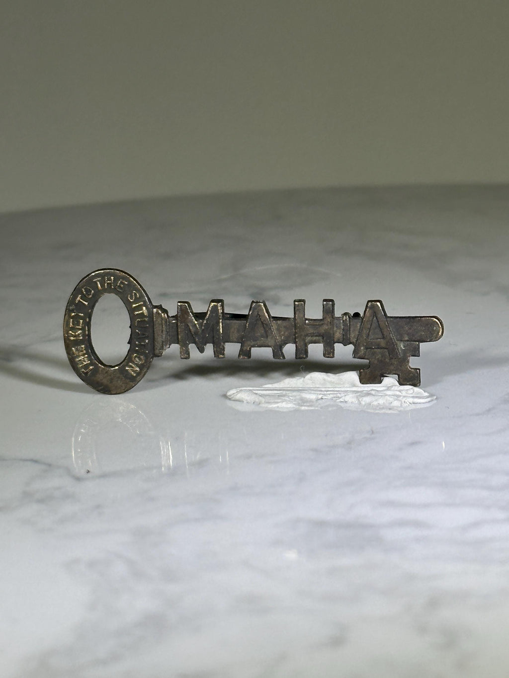 Omaha Key Shaped Pin: Antiqued Brass Finish - Mid-Century Souvenir Accessory