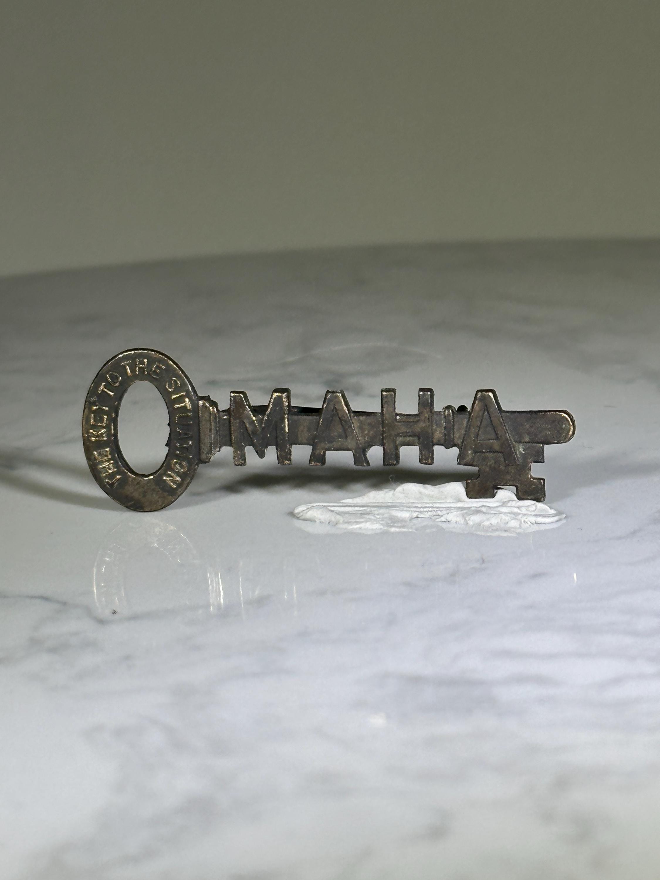 Omaha Key Shaped Pin: Antiqued Brass Finish - Mid-Century Souvenir Accessory