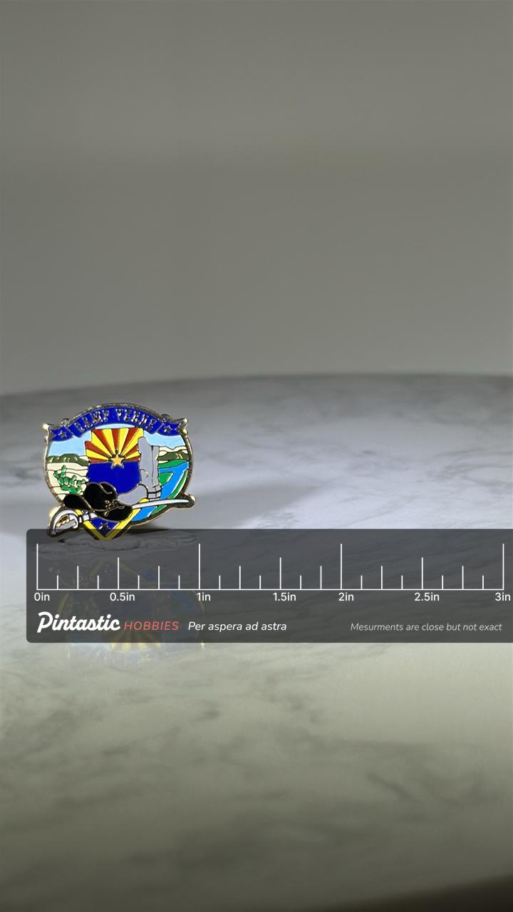 Camp Verde Arizona Pin: Enamel Goldtone - Western Souvenir Accessory with ruler overlay for size reference