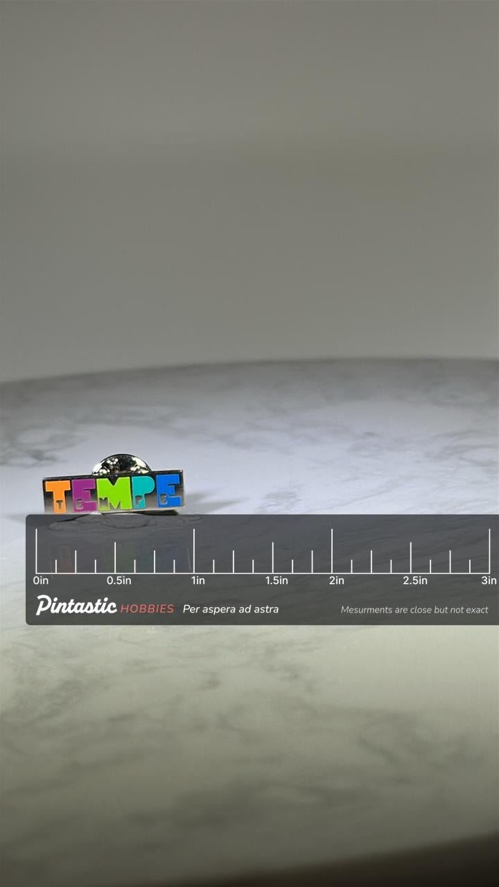 Tempe Souvenir Pin: Rainbow Color Block Enamel - Retro Travel Accessory with ruler overlay for size reference