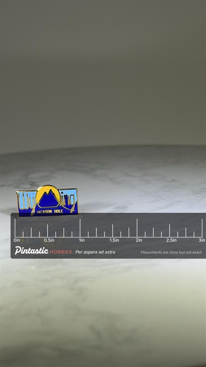 Wyoming Jackson Hole Pin: Blue & Gold Enamel - Vintage Travel Souvenir Accessory with ruler overlay for size reference