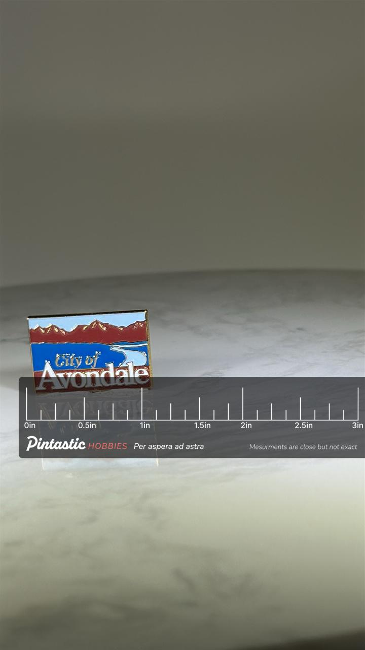 City of Avondale Pin: Gold Enamel Finish - Scenic Travel Accessory with ruler overlay for size reference