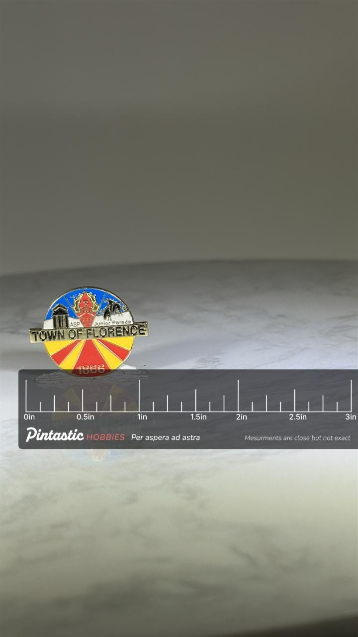 Town of Florence Pin: Enamel Red Yellow Blue - Arizona Heritage Accessory with ruler overlay for size reference