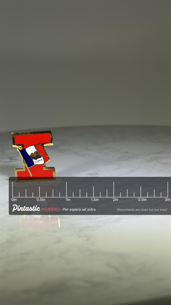 Iowa State Flag Pin: Red & Gold Enamel - Vintage Souvenir Accessory with ruler overlay for size reference