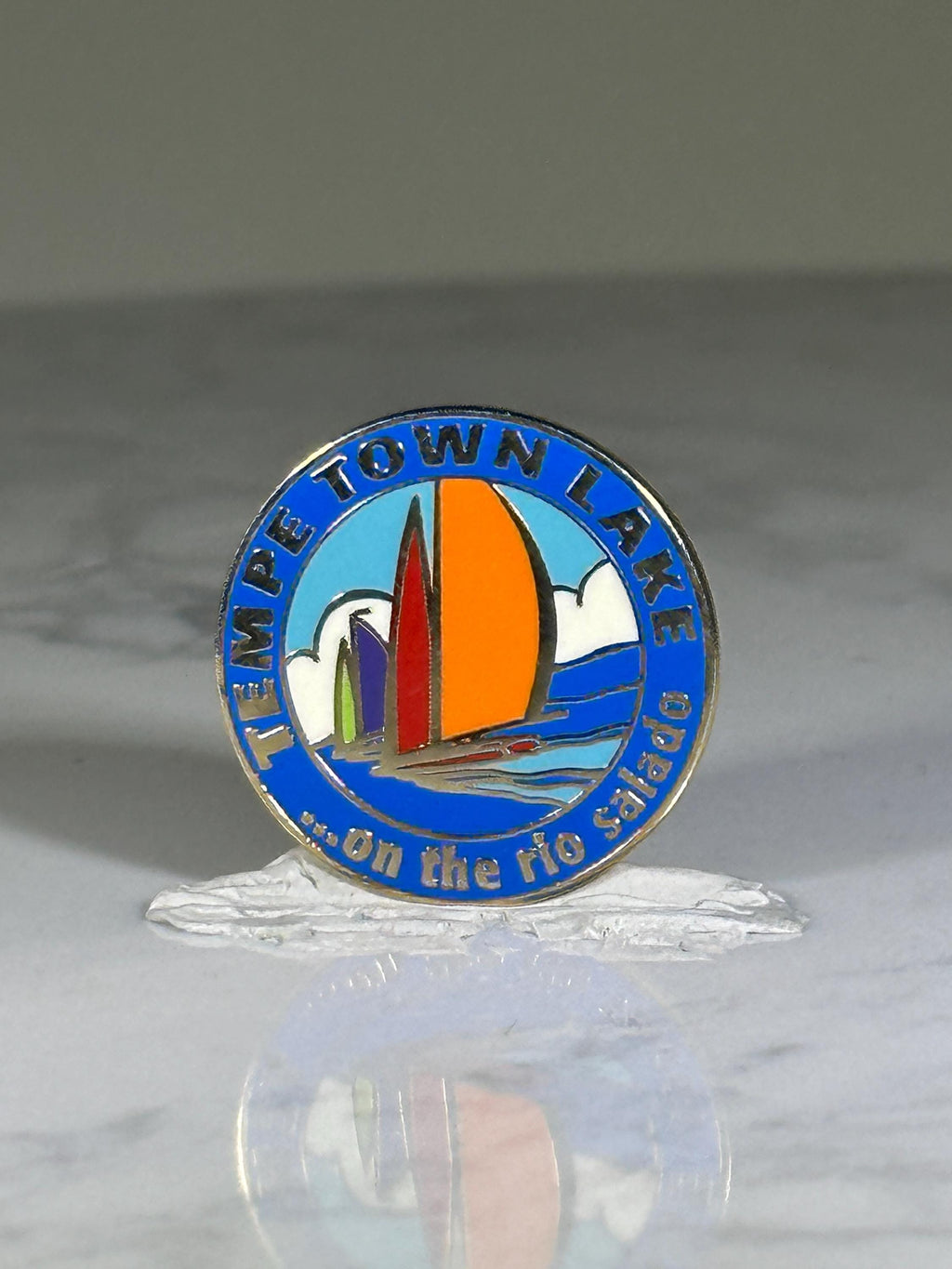Tempe Town Lake Sailboat Pin: Blue Enamel Round - Travel Souvenir Accessory