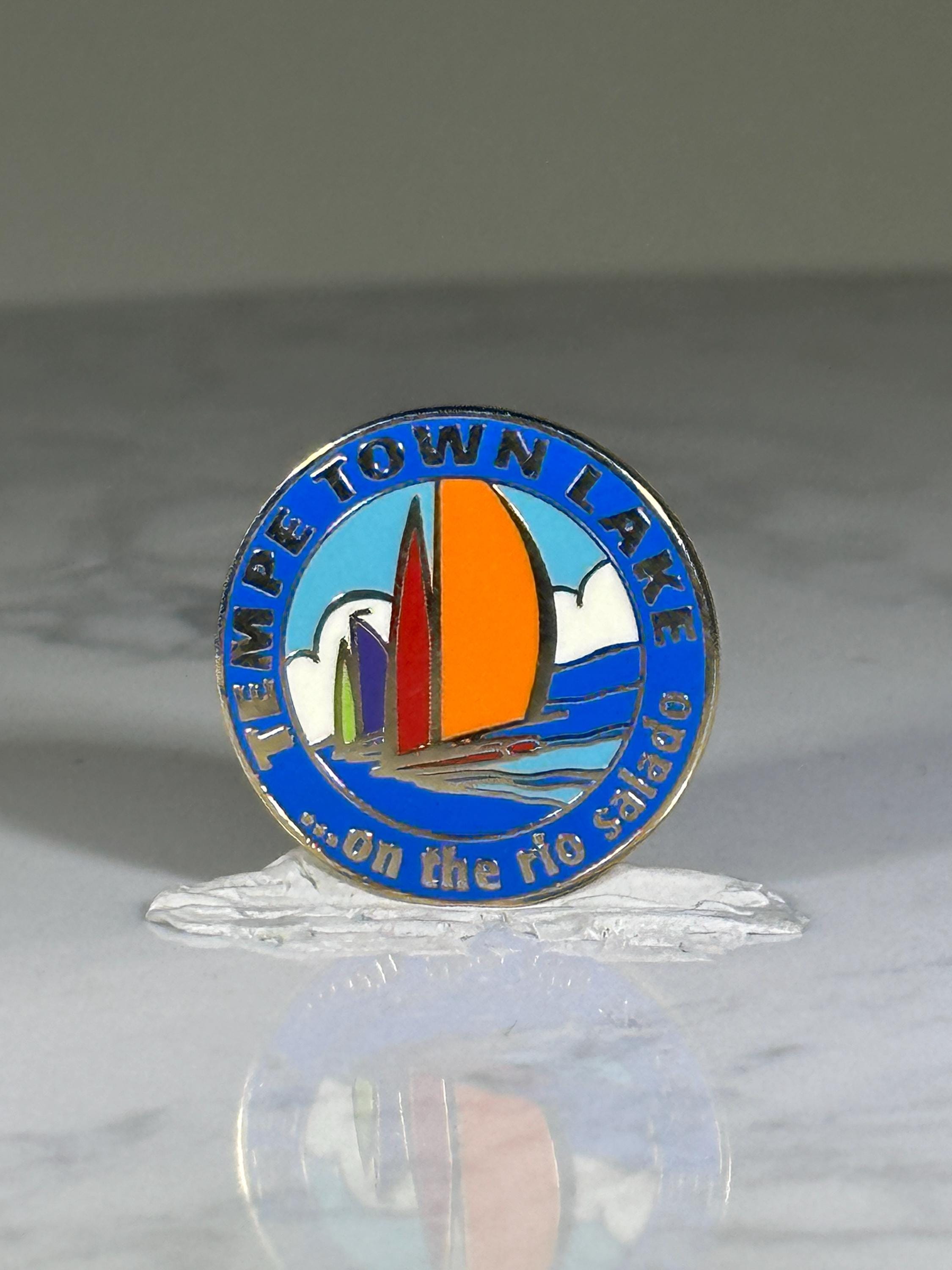 Tempe Town Lake Sailboat Pin: Blue Enamel Round - Travel Souvenir Accessory
