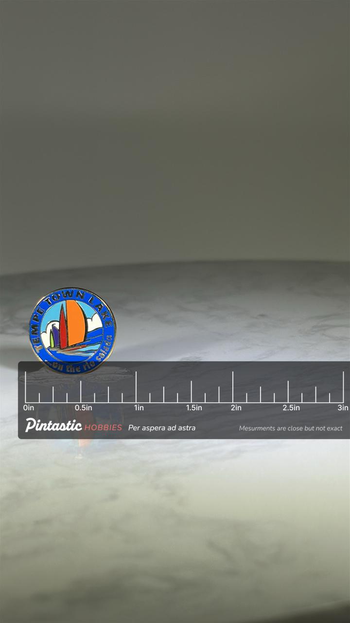 Tempe Town Lake Sailboat Pin: Blue Enamel Round - Travel Souvenir Accessory with ruler overlay for size reference