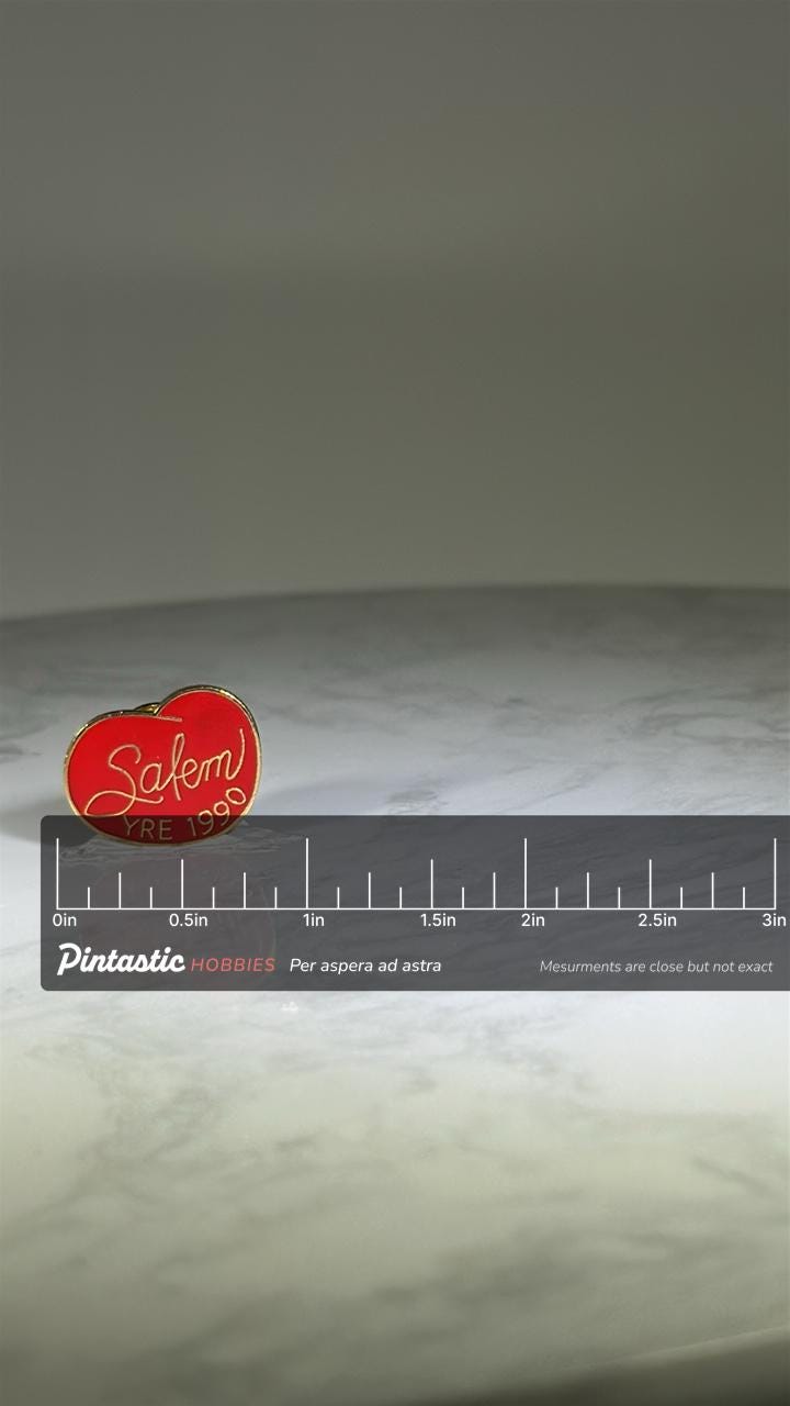 Salem YRE 1990 Pin: Red Enamel Gold Trim - Retro Souvenir Accessory with ruler overlay for size reference
