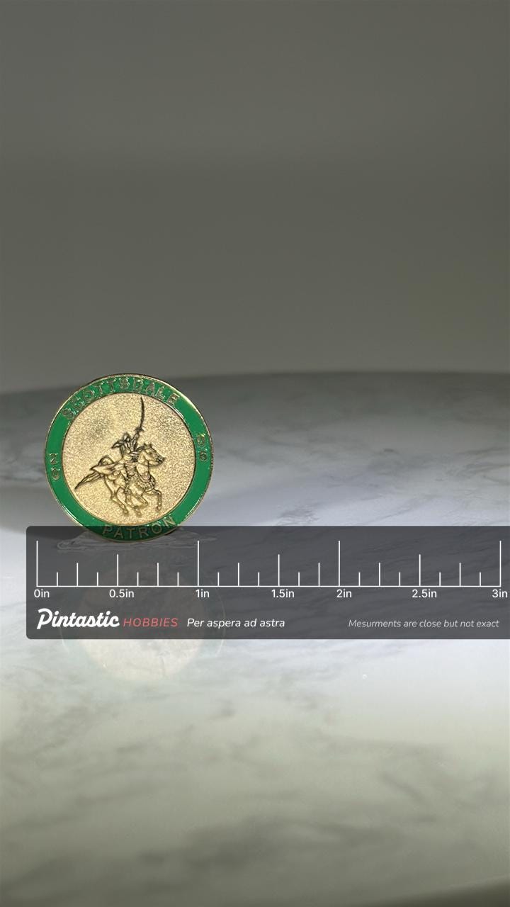 Scottsdale Patron Pin: Gold & Green Enamel - Western Rodeo Accessory with ruler overlay for size reference