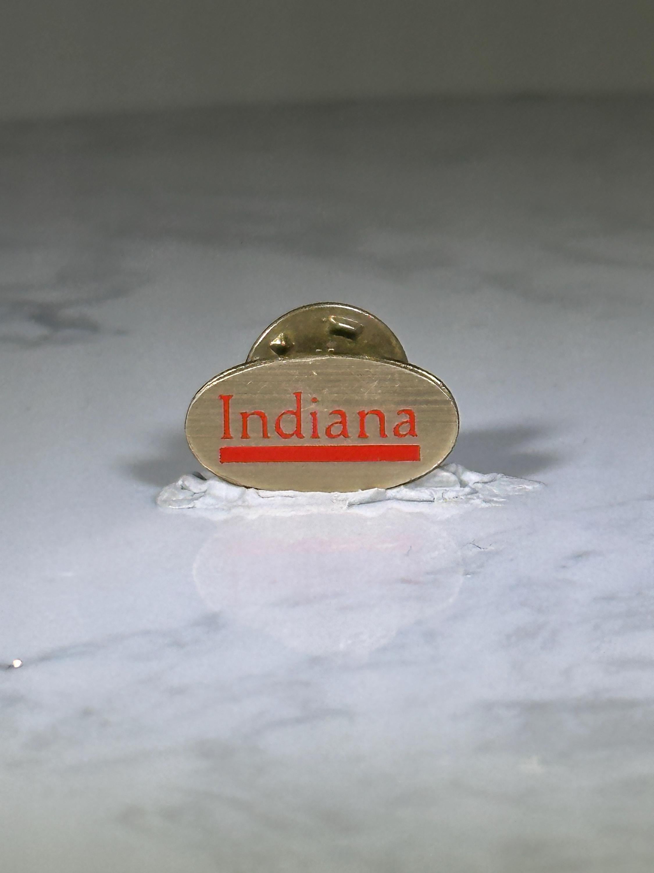 Indiana State Pin: Gold Tone Red Text - Vintage Travel Accessory
