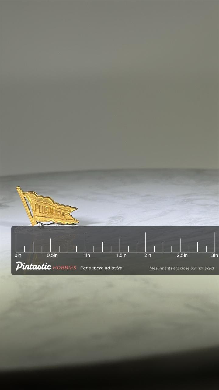 Plus Ultra Achievement Flag Pin: Gold Tone Enamel - Vintage Award Accessory with ruler overlay for size reference