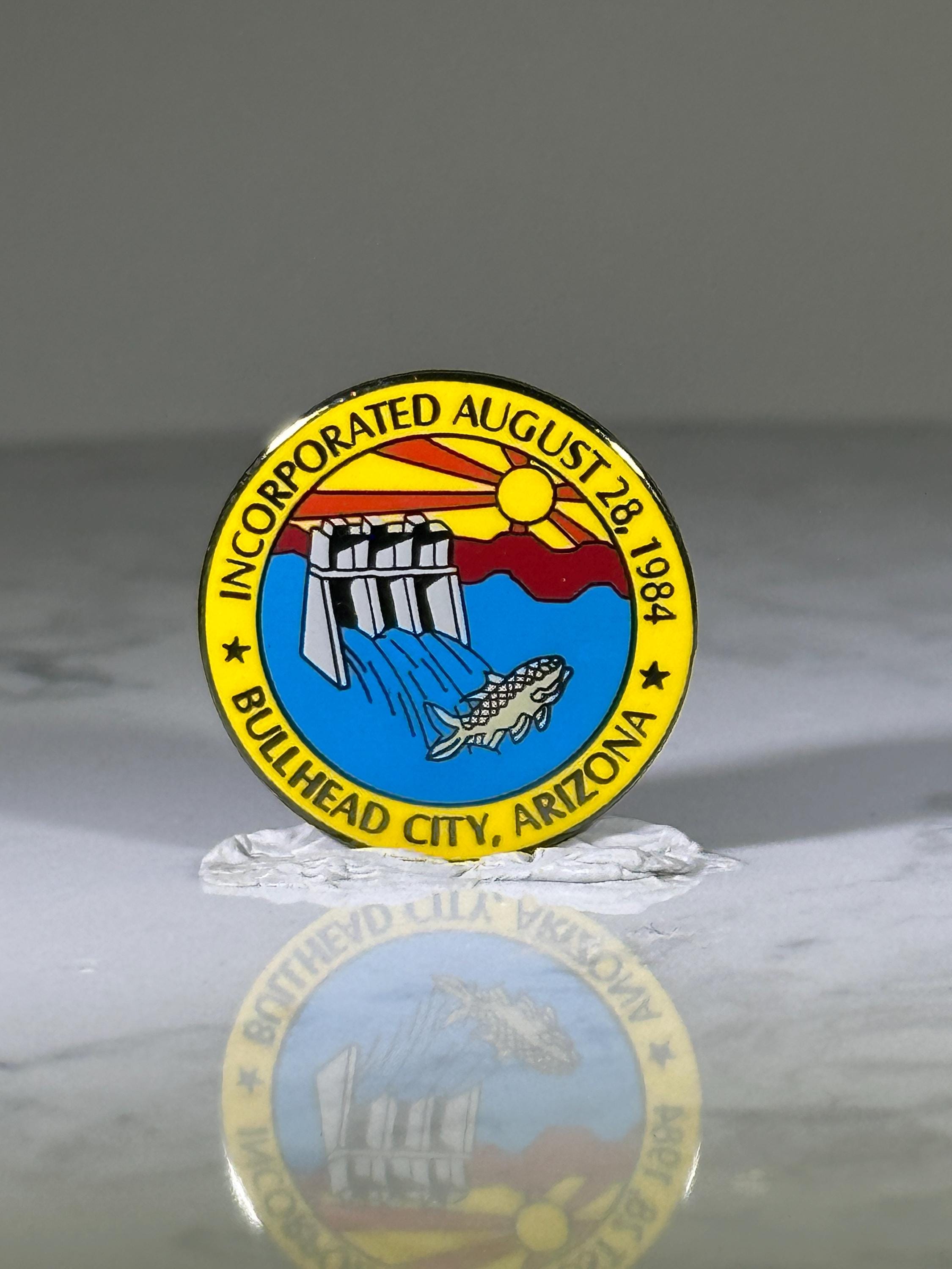 Bullhead City Arizona Pin: Colorful Enamel Seal - 1980s Souvenir Accessory