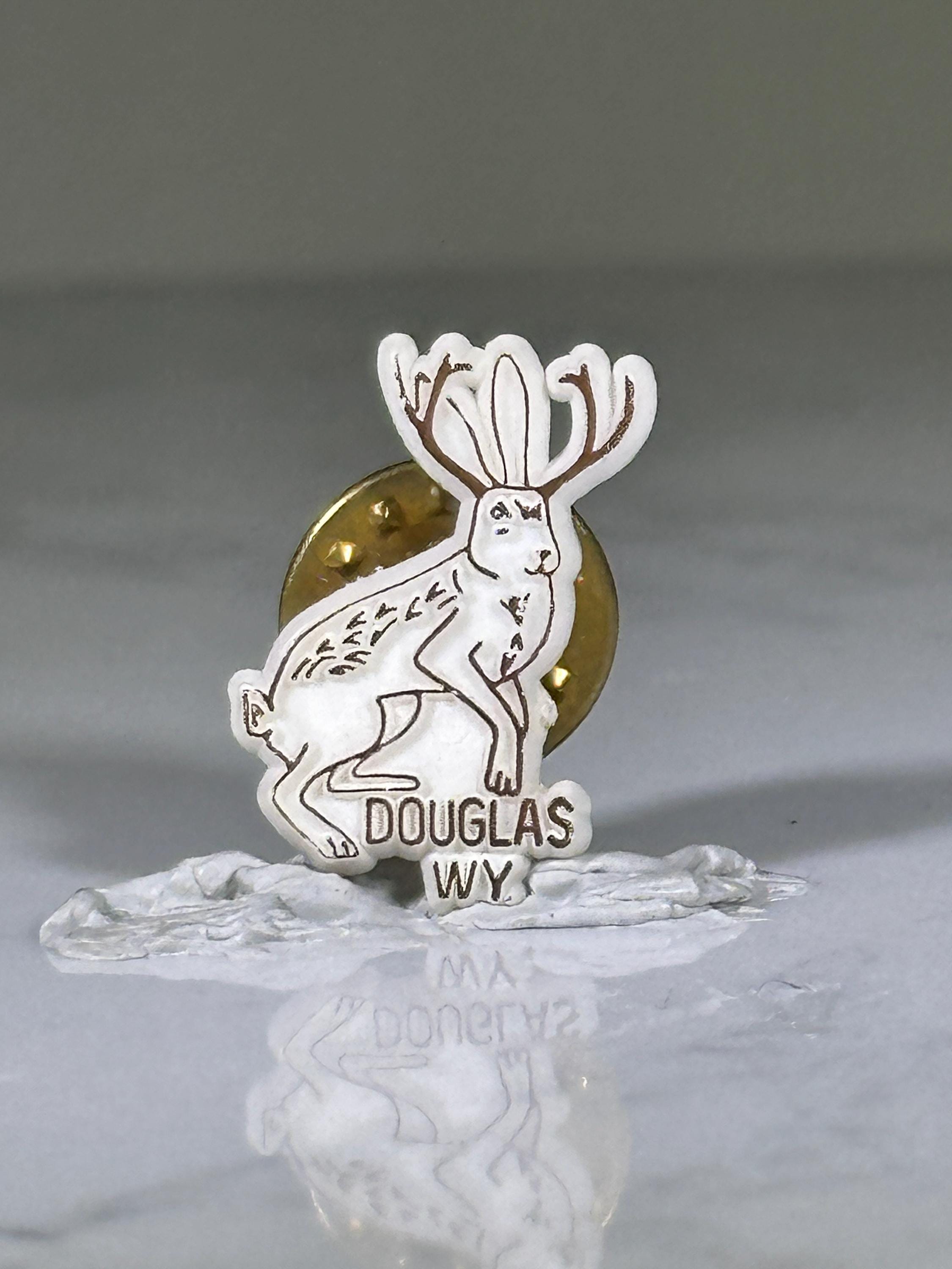 Jackalope Souvenir Pin: White & Brown Enamel - Douglas WY Travel Accessory