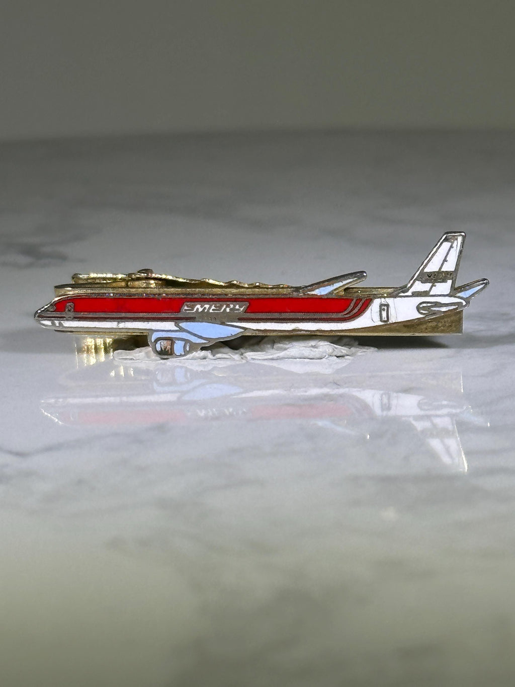 Emery Air Douglas DC-8 Freight Airplane Tie Clip: Red & Silver Enamel - Vintage Aviation Accessory